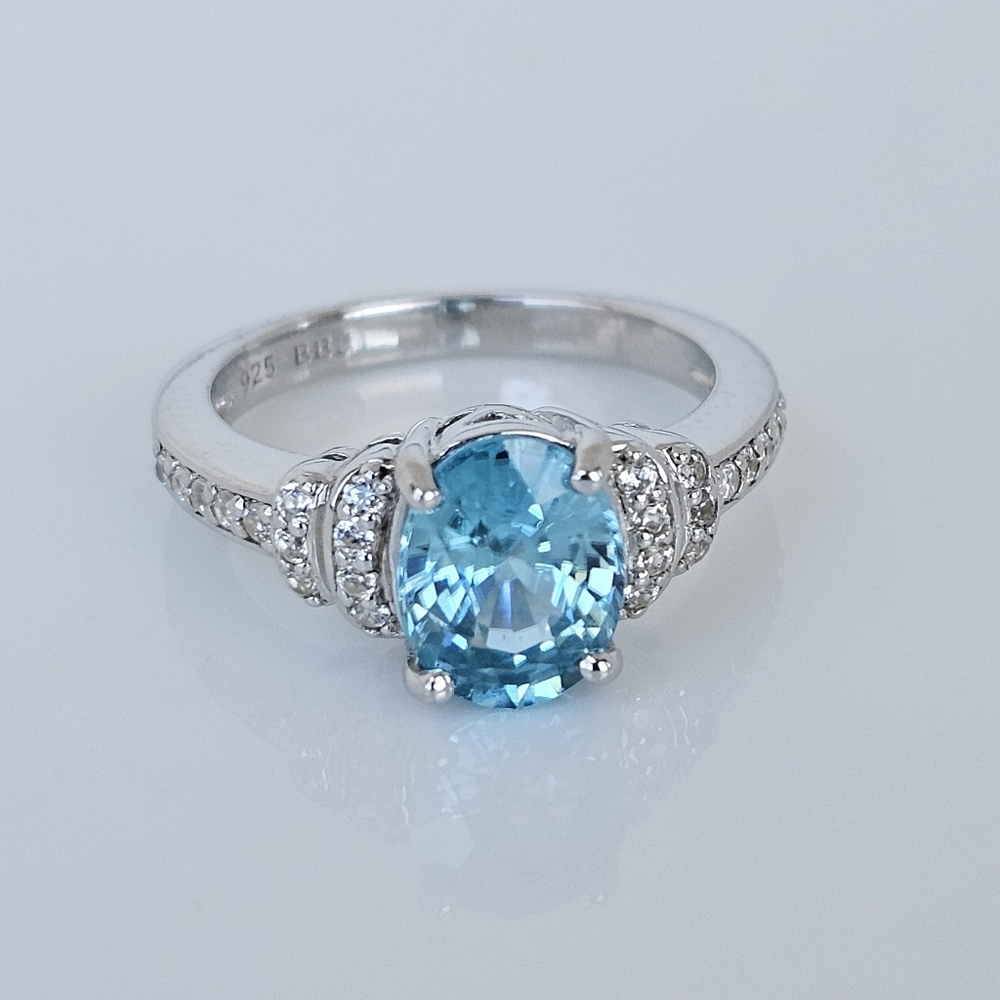 Natural Cambodian Blue Zircon & White Zircon Ring Sterling Silver Size 6 - Picture 4 of 10